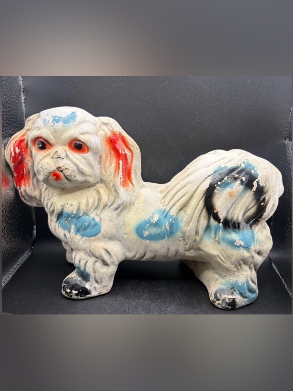 Vintage Pekingese Dog Carnival Chalkware Multicolored Statuette Figurine Figure